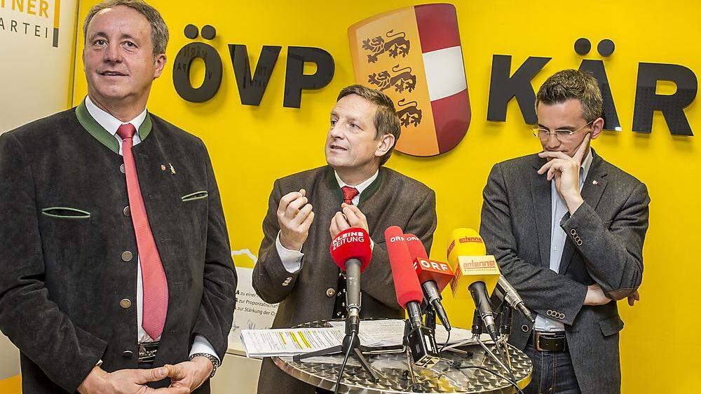 Von links: Die Kärntner Parteispitze mit Klubchef Hueter, Parteichef Benger, Geschäftsführer Anichhofer (Archivbild)