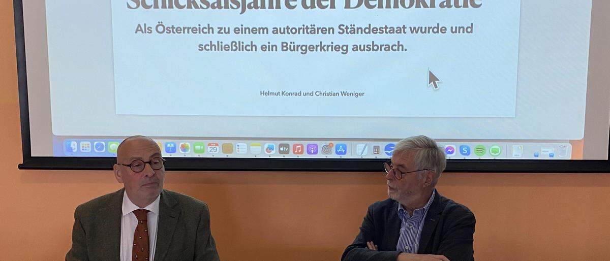Historiker Helmut Konrad und Journalist Christian Weniger rieten, sich politisch zu beteiligen und „demokratisch wach zu sein“