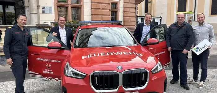Abschnittskommandant Stefan Prinz, Bürgermeister Marcus Martschitsch, Anton Schuller von der Klimaanpassungsregion, Kommandant Stefan Böchheimer und Kevin Loigge (v. l.) präsentierten gemeinsam die kommende Abschnittsübung