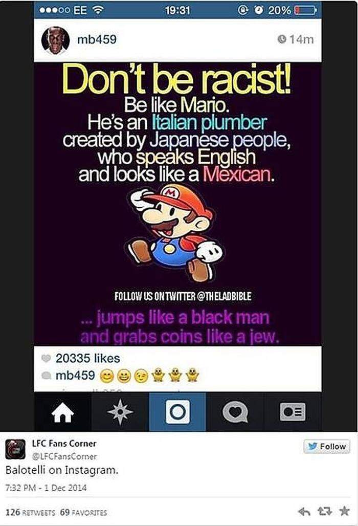 Der Stein des Anstoßes - Balotellis Posting auf Instagram