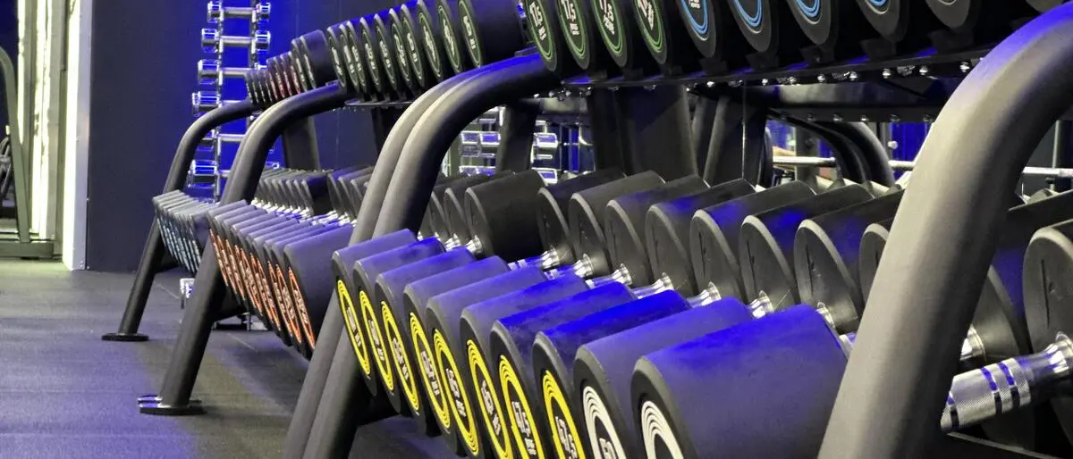 Seitliche Ansicht auf sortierte Hanteln in einem Fitness-Studio