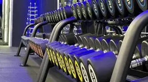 Seitliche Ansicht auf sortierte Hanteln in einem Fitness-Studio
