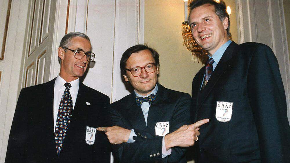 Der damalige Wirtschaftsminister Wolfgang Schüssel besucht Alfred Stingl und Gerhard Hirschmann in Graz	 
