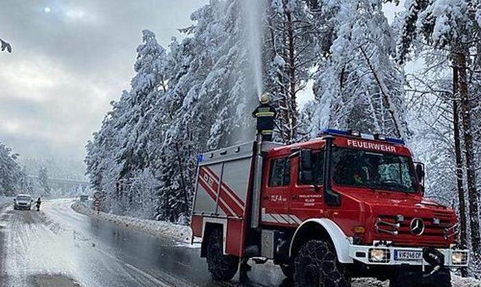 Mittels Wasserkraft entfernte die FF Judendorf Schnee von einem Baum