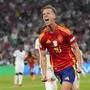 Dani Olmo | Spain's Dani Olmo celebrates after scoring his side's second goal during a semifinal match between Spain and France at the Euro 2024 soccer tournament in Munich, Germany, Tuesday, July 9, 2024. (AP Photo/Manu Fernandez)