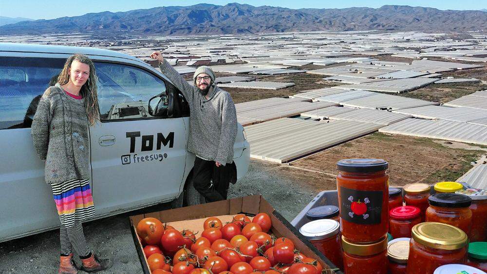Irina Schaltegger und Dominik Prikoszovits verarbeiten in Almeria weggeworfene Tomaten zu Sugo