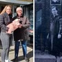Magdalena Sorger mit Mutter Gudrun und der gut eingepackten Tochter Heidi. Ganz rechts: Magdalenas Uroma Aurelia vor der Trafik im Jahr 1968