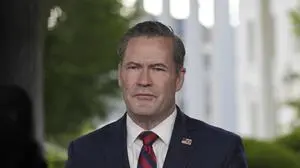 National Security Advisor Mike Waltz speaks during a television interview at the White House, Thursday, May 1, 2025, in Washington. (AP Photo/Alex Brandon)