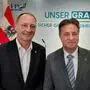 Stadtparteiobmann Axel Kassegger (links) mit Spitzenkandidat René Apfelknab (rechts)