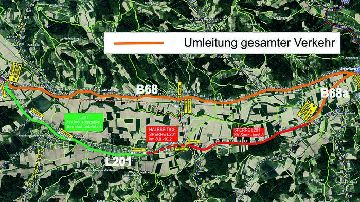 Plan zu Sperre und Umleitung auf der L201 am Freitag und Samstag