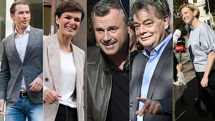 Die Spitzenkandidaten kurz nach der Stimmabgabe: Kurz, Rendi-Wagner, Hofer, Kogler, Meinl-Reisinger