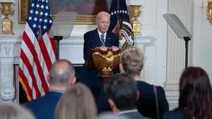 US President Joe Biden delivers remarks at a reception for new Democratic members of Congress at the State Dining Room of the White House in Washington, DC on January 5, 2025. (Photo by Chris Kleponis / AFP)