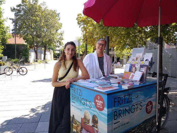 Sara Miranda Gutiérrez und Sissi Dreu sind mit dem neuen Lastenrad FRiTZi in Graz unterwegs
