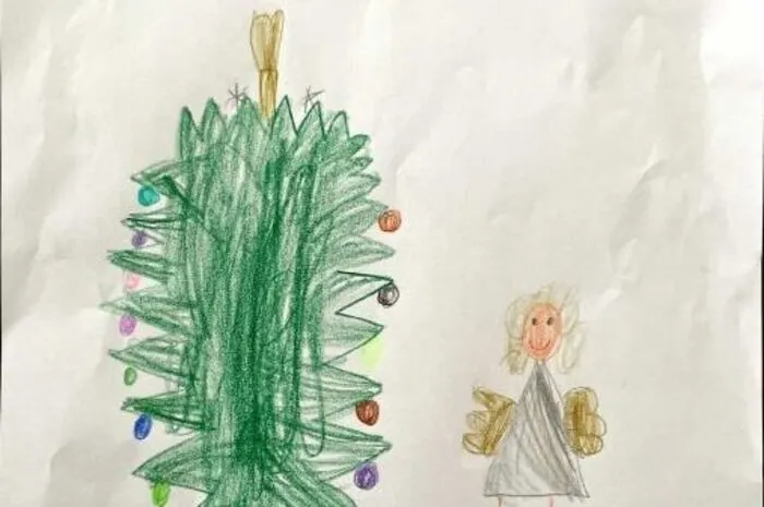Patrizia Ivkic (6) aus Feldbach ist (gemeinsam mit ihrer Schwester Franziska, 9 Jahre) voller Vorfreude auf das Christkind. Für sie ist es ein wunderschöner Engel, mit goldenen Haaren und Flügeln. Auf Patrizias Zeichnung bringt das Christkind gerade den großen Christbaum mit vielen bunten Kugeln und Geschenke. 