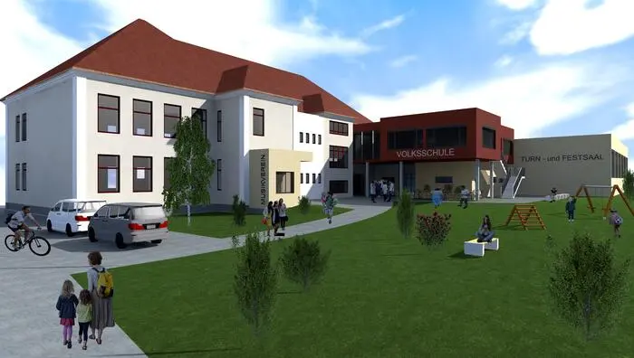 Ungefähr so soll die umgebaute Volksschule aussehen, wenn der Umbau fertig ist