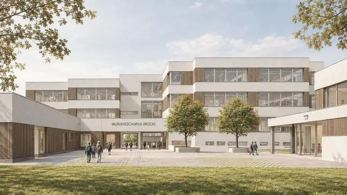 Eine Visualisierung eines neuen, modernen Schulgebäudes.