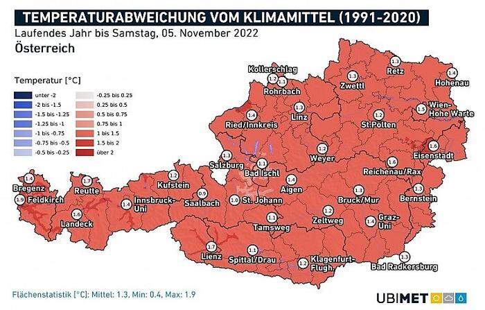 In Teilen Vorarlberg und im Raum Wiener Neustadt fallen die Temperaturabweichungen besonders hoch aus 