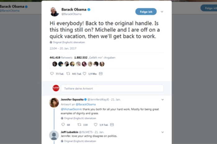 Und noch einmal Barack Obama: Nach der Amtsübergabe meldet er sich auf seinem privaten Twitter-Account zurück.