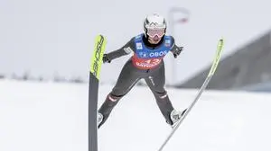Austria's Lisa Hirner during the combined individual ski jumping competition on the women's large hill during the World Cup in Holmenkollen in Oslo, Norway, Sunday, March 16, 2025. (Amanda Pedersen Giske/NTB Scanpix via AP)