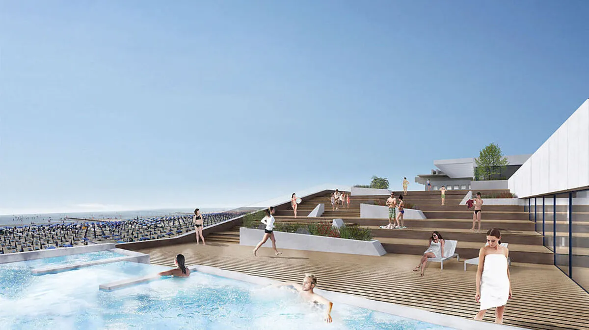 Mit dem neuen Thermengelände wird die Zone am Meeresufer in Grado laut dem präsentierten Rendering ganz anders aussehen