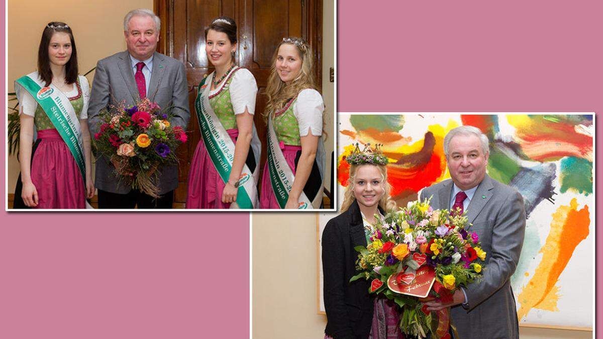 Im Vorfeld des Valentinstags waren auch die Hoheiten der Steirischen Blumenstraße in der Grazer Burg: Blumenprinzessin Johanna, LH Schützenhöfer, Blumenkönigin Rita und Blumenprinzessin Gerlinde (v.l.) - Blumenkönigin Eva II. überbrachte LH Schützenhöfer ihre Blumengrüße  