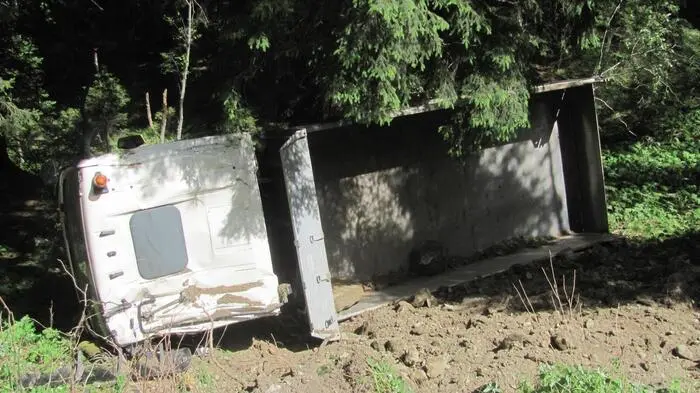 Der Lkw stürzte vom Almweg in den Wald und blieb an einem Baum hängen.