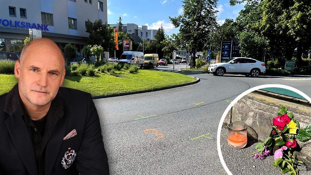 Großes Bild und rechts: Hier wurde Radlerin von Alkolenkerin erfasst. Links: Verkehrs-Psychologe Dieter Krainz