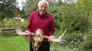 Fritz Bayerl, mittlerweile 85, mit dem Elchgeweih, das er 1973 aus einer Karsthöhle holte 