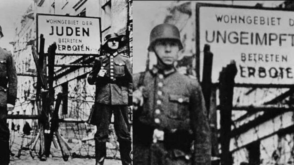 Auch jenes manipulierte Bild (rechts), dessen Original (li.) die Faktenchecker-Seite AFP dem Film &quot;Eichmann und das Dritte Reich&quot; zuordnet, wurde von dem Ausseer öffentlich sichtbar ausgestellt