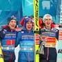 INNSBRUCK,AUSTRIA,04.JAN.25 - NORDIC SKIING, SKI JUMPING - FIS World Cup, Four Hills Tournament, large hill. Image shows the rejoicing of Jan Hoerl, Stefan Kraft and Daniel Tschofenig (AUT). Keywords: trophy.
Photo: GEPA pictures/ Thomas Bachun 