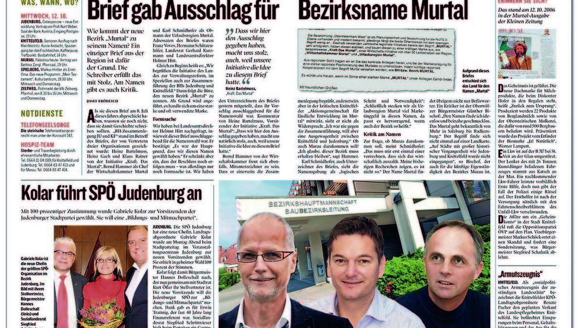 Einige Leser wollten wissen, wie der Bezirksname „Murtal“ zustande gekommen ist. Die Kleine Zeitung hat am 12. Oktober 2011 darüber berichtet, hier sehen Sie die damals erschienene Doppelseite zu diesem Thema