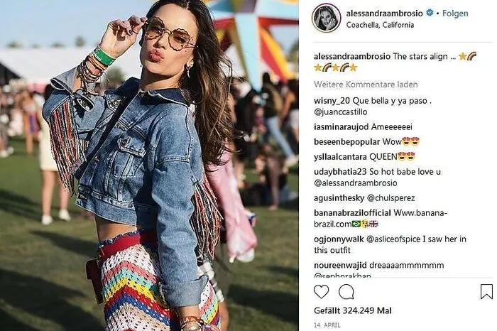 Lass ihn raus, den Hippie ... zeig ihnen, dass du es auch 2018 wie in den 1970ern kannst. Hippie-Elemente peppen jedes Festivaloutfit auf. Alessandra Ambrosio entschied sich heuer beim Coachella für regenbogenfarbene Häkel-Shorts.