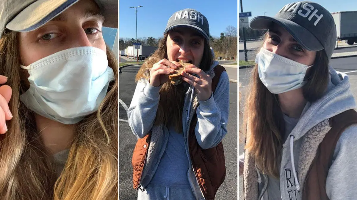 Jennifer Thaler mit Mundschutz im Flieger, beim ersten Biss ins erste Schwarzbrot seit 8,5 Monaten und wieder glücklich auf österreichischem Boden