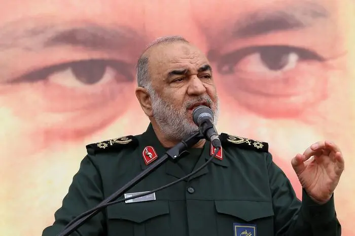 (FILES) Head of Iran's Islamic Revolutionary Guard Corps (IRGC) Major Hossein Salami delivers a speech on December 28, 2023 during the funeral in Tehran of Razi Moussavi, a senior commander in the Quds Force of Iran's Islamic Revolutionary Guard Corps (IRGC) who was killed in an Israeli strike in Syria. Israel's attack on Iran on June 13, 2025 killed the country's powerful Revolutionary Guards chief Hossein Salami, local media reported. (Photo by ATTA KENARE / AFP)