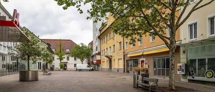 Blick auf einen großen innerstädtischen Platz mit einem Baum im Vordergrund