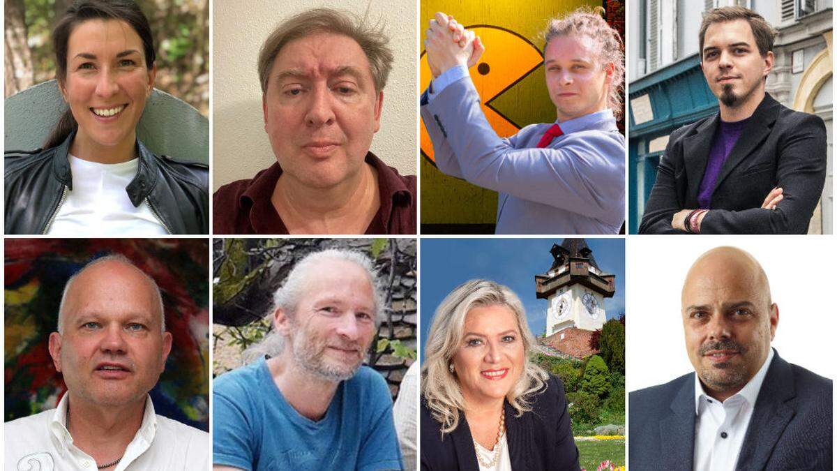 Die Herausforderer: Karina Priebernig (dieBASIS), Günter Gartler (Graz im Herzen), Nikita Reichelt (Die Partei), Florian Lammer (Piratenpartei); Werner Theiss (FBP), Winfried König (Verantwortung Erde), Brigitte Simon-Daum (Wir - Gemeinsam für Graz) und Sven Stadler (Team HC Strache)