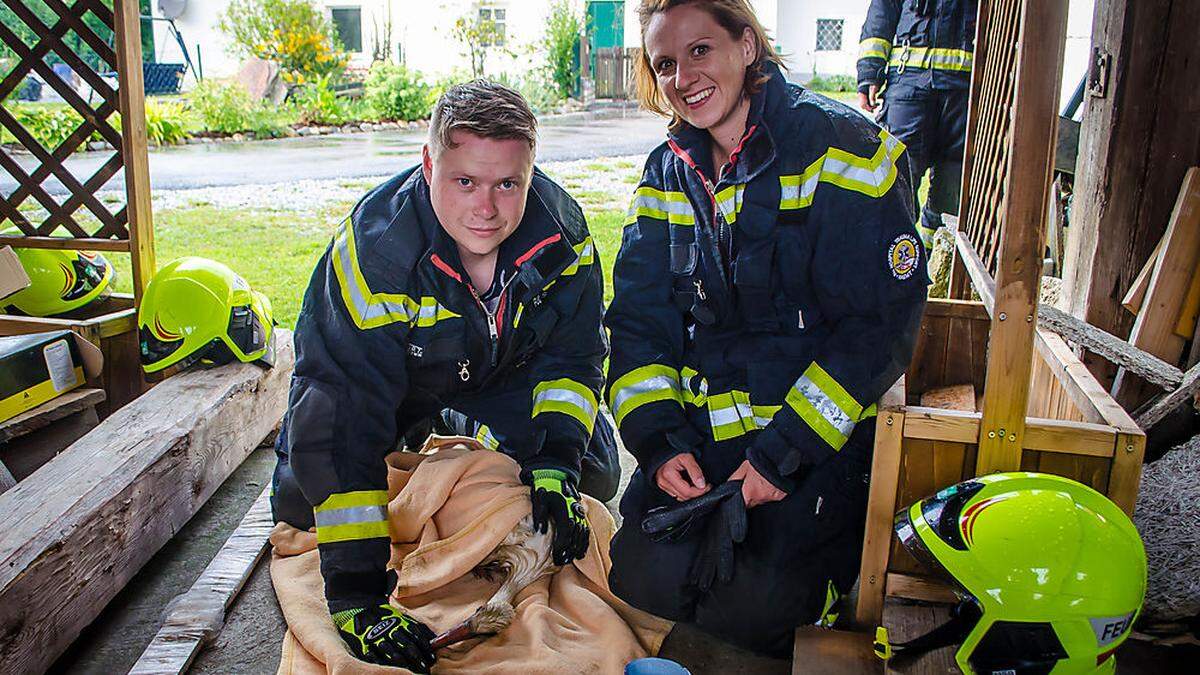 Die Retter der Freiwilligen Feuerwehr Mooskirchen mit dem geschwächten Storch