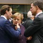 Sebastian Kurz, Angela Merkel und Mark Rutte beim EU-Gipfel im Februar in Brüssel