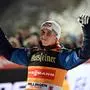 Winner Austria's Daniel Tschofenig celebrates after the Men's Large Hill Individual competition at the FIS Ski Jumping World Cup in Willingen, western Germany on February 1, 2025. (Photo by INA FASSBENDER / AFP)