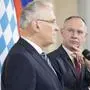 (V.l.) Der bayrische Staatsminister für Inneres, Joachim Herrmann (CSU) und Innenminister Gerhard Karner (ÖVP) am 13. Februar 2024, während eines Doorsteps im Innenministerium in Wien.