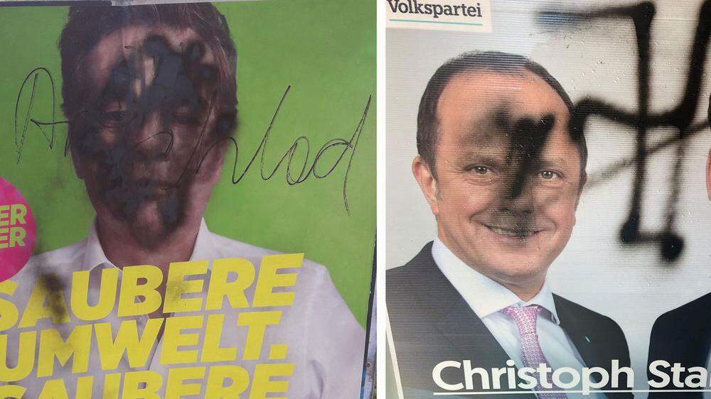 Beschmierte Plakate von Werner Kogler und Christoph Stark