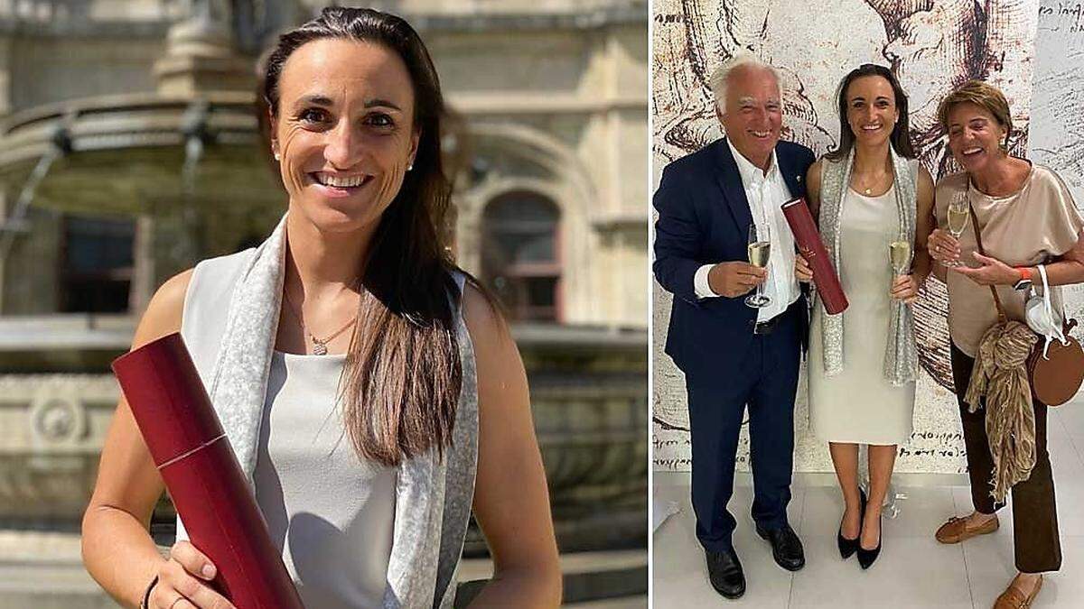 Kärntens Erfolgs-Seglerin Lara Vadlau hat allen Grund zu Strahlen. Angestoßen wurde mit Mama Eva und Papa Ernst (r.)