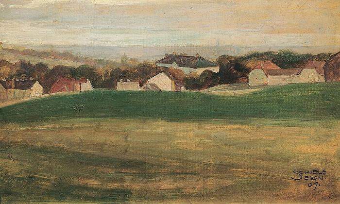 Egon Schiele Wiesenlandschaft mit Häusern, 1907