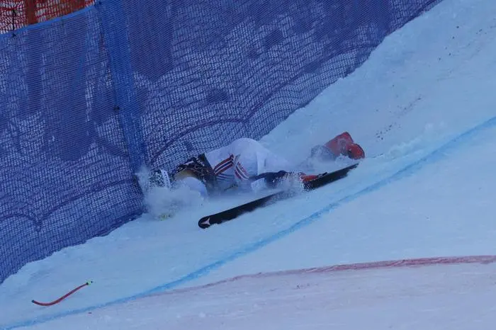 Norway's Aleksander Aamodt Kilde falls during an alpine ski, men's World Cup downhill race, in Wengen, Switzerland, Saturday, Jan. 13, 2024. (AP Photo/Alessandro Trovati)