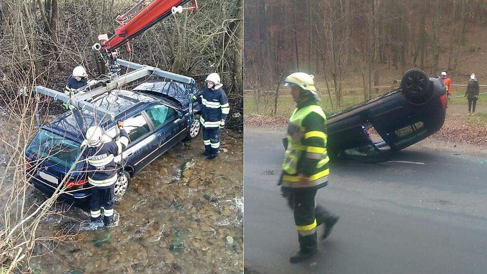 In Ligist stürzte ein Auto in den Ligistbach, in Judendorf landete ein Auto am Dach