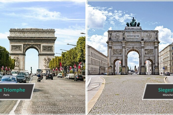 Arc de Triomphe vs. Siegestor:Arc de Triomphe: Sie gehört zu den bekanntesten Prachtstraßen der Welt: Die Champs-Élysées . Am Endeder Straße thront der berühmte Triumphbogen. Der zwischen 1806 und 1836 errichtete Arc de Triomphe wurde von Kaiser Napoleon zur Verherrlichung seiner Siege in Auftrag gegeben. Heute ist der 49,54 m hohe Bogen eines der beliebtesten Fotomotive in Paris.Siegestor: Wer keine Zeit hat nach Paris zu fahren, der findet in München den touristischen Zwilling des Triumphbogens. Das Siegestor in München ist zwar “nur” 24 m hoch, bietet aber dennoch ein ebenso gutes Fotomotiv wie sein großer Zwillingsbruder.
