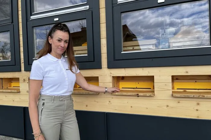 Ingrid Kuhn vor den Bienenstöcken