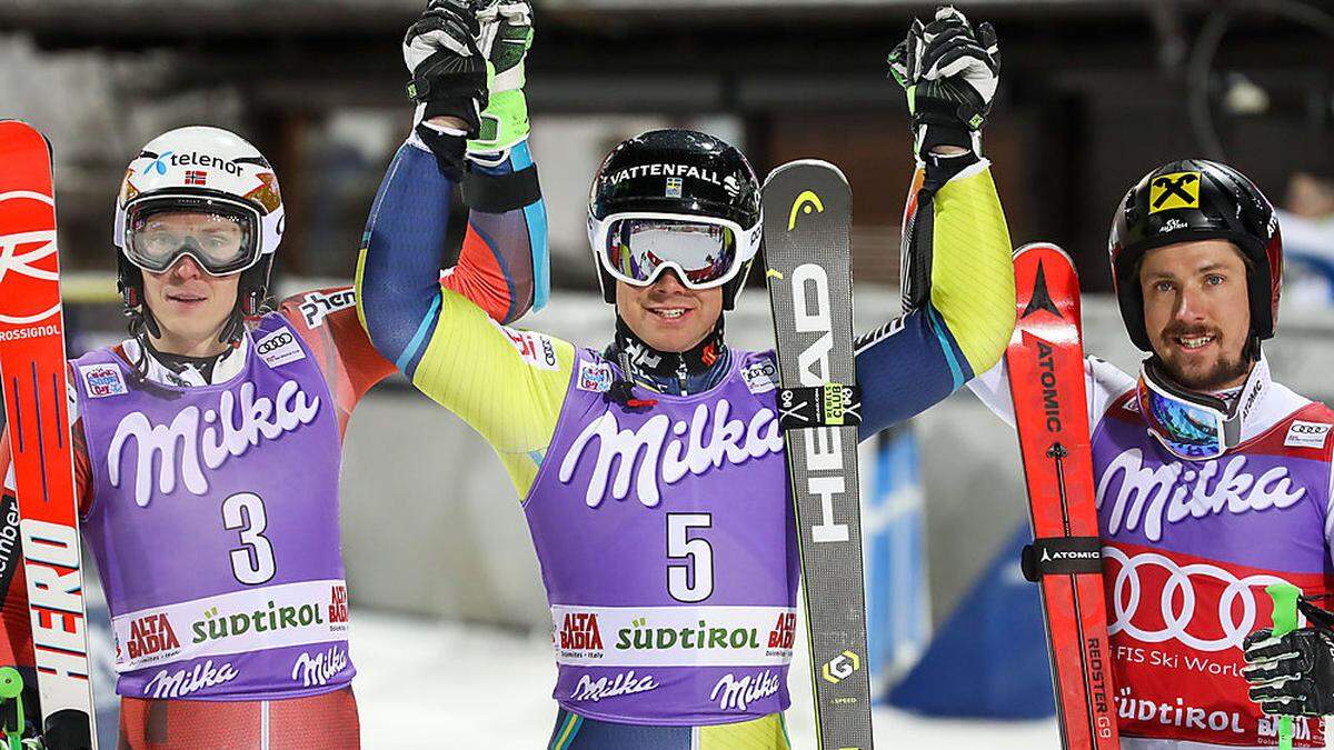 Das Siegertreppchen: Henrik Kristoffersen, Matts Olsson und Marcel Hirscher (von links)