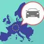 Illustration of a long shadow European Union map, its flag and a comic balloon with a car
