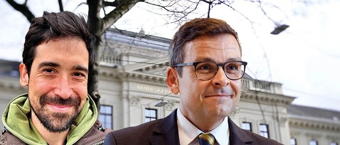 Bild zeigt Sebastian Bohrn Mena und Gerald Grosz in einer Montage vor dem Straflandesgericht Graz